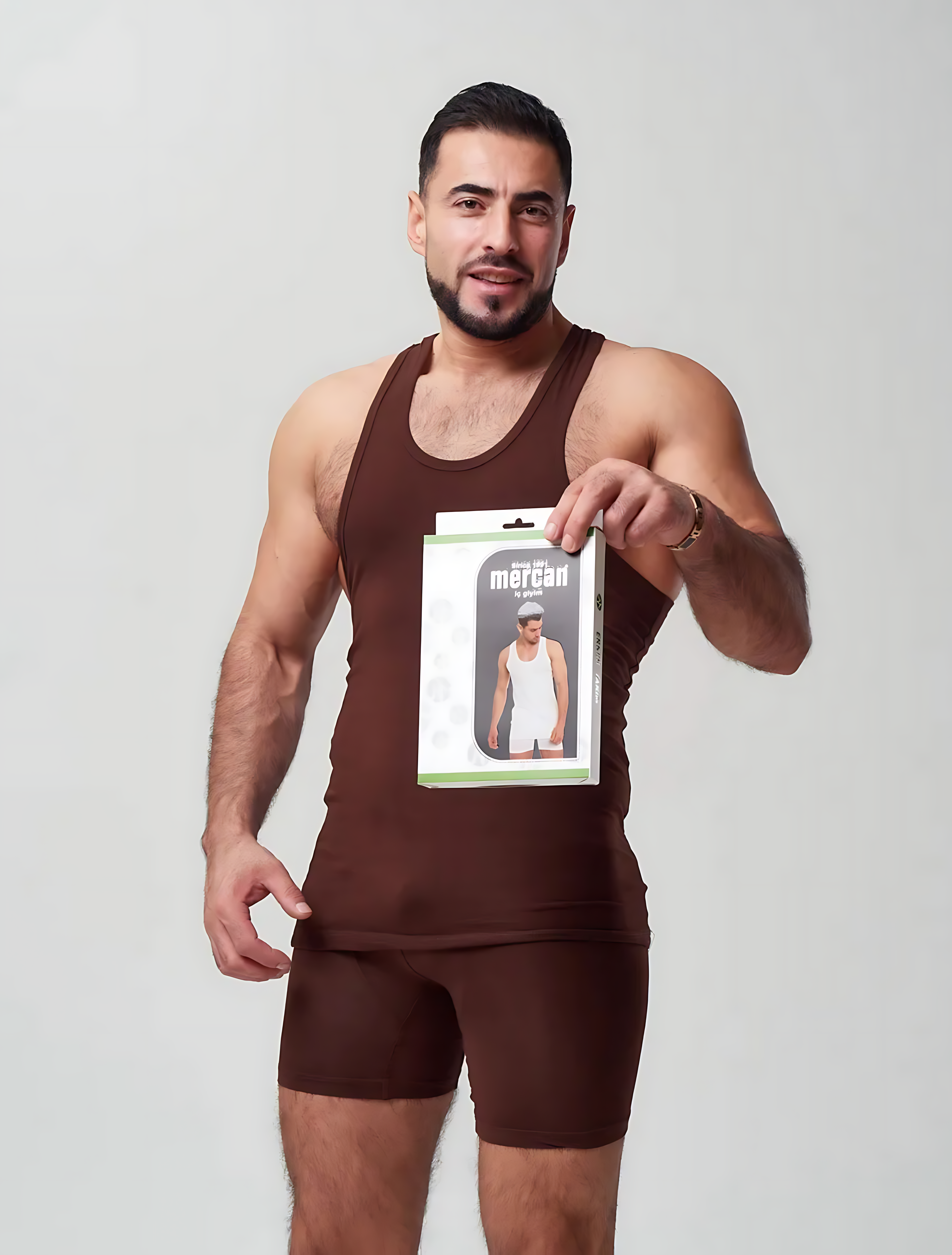 Erkek Kahverengi Özel Kutulu 2'li Atlet Boxer Takımı - Fit & Comfort Slim Fit Set