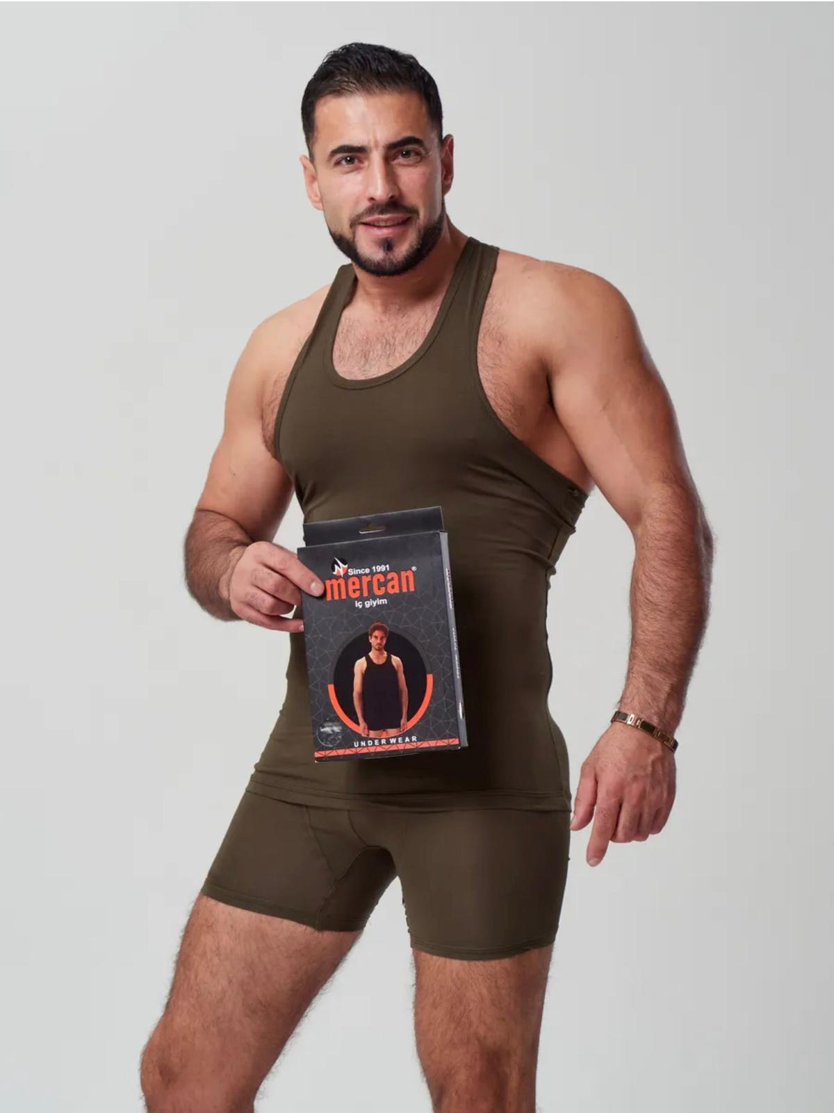 Erkek Haki Özel Kutulu 2'li Atlet Boxer Takımı - Fit & Comfort Slim Fit Set