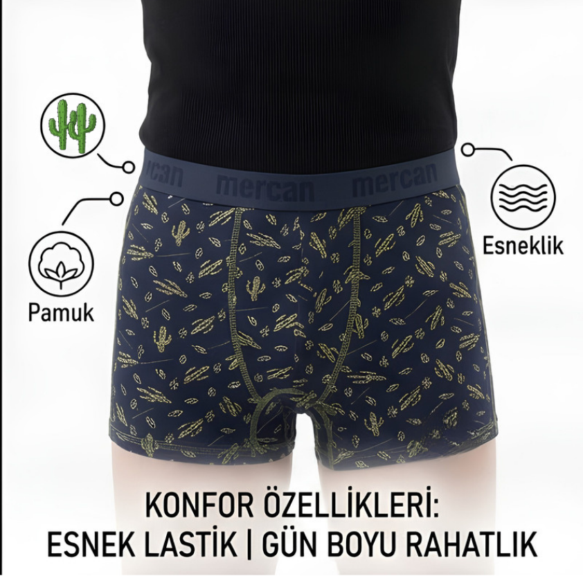 Desenli Erkek Boxer %96 Pamuklu - Kaktüs